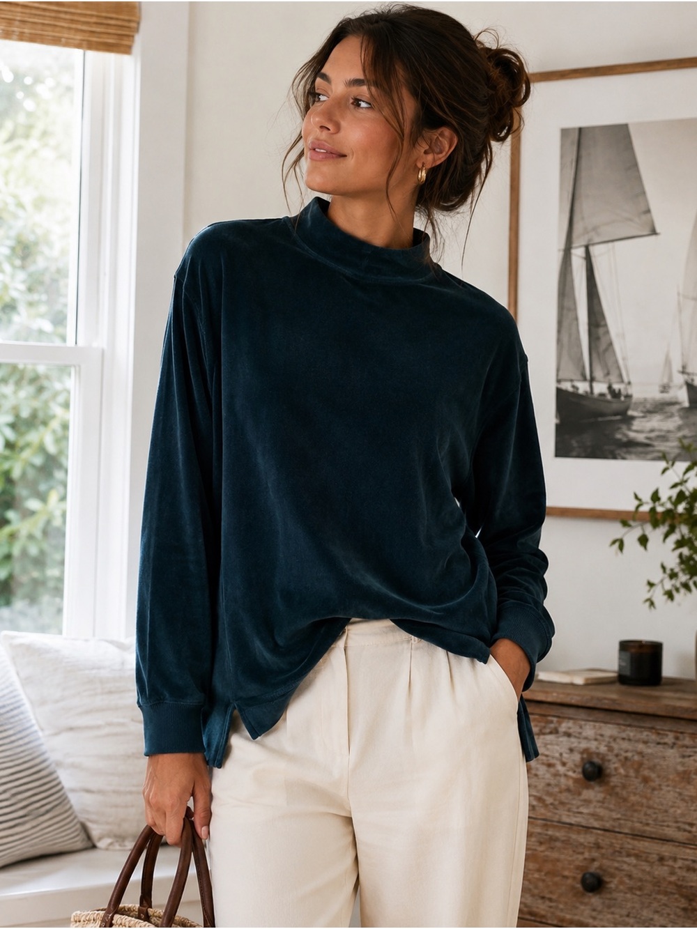 PACT Organic Cotton Pure Velour Mock Neck Pullover Deep Teal M Quiet Luxury Soft